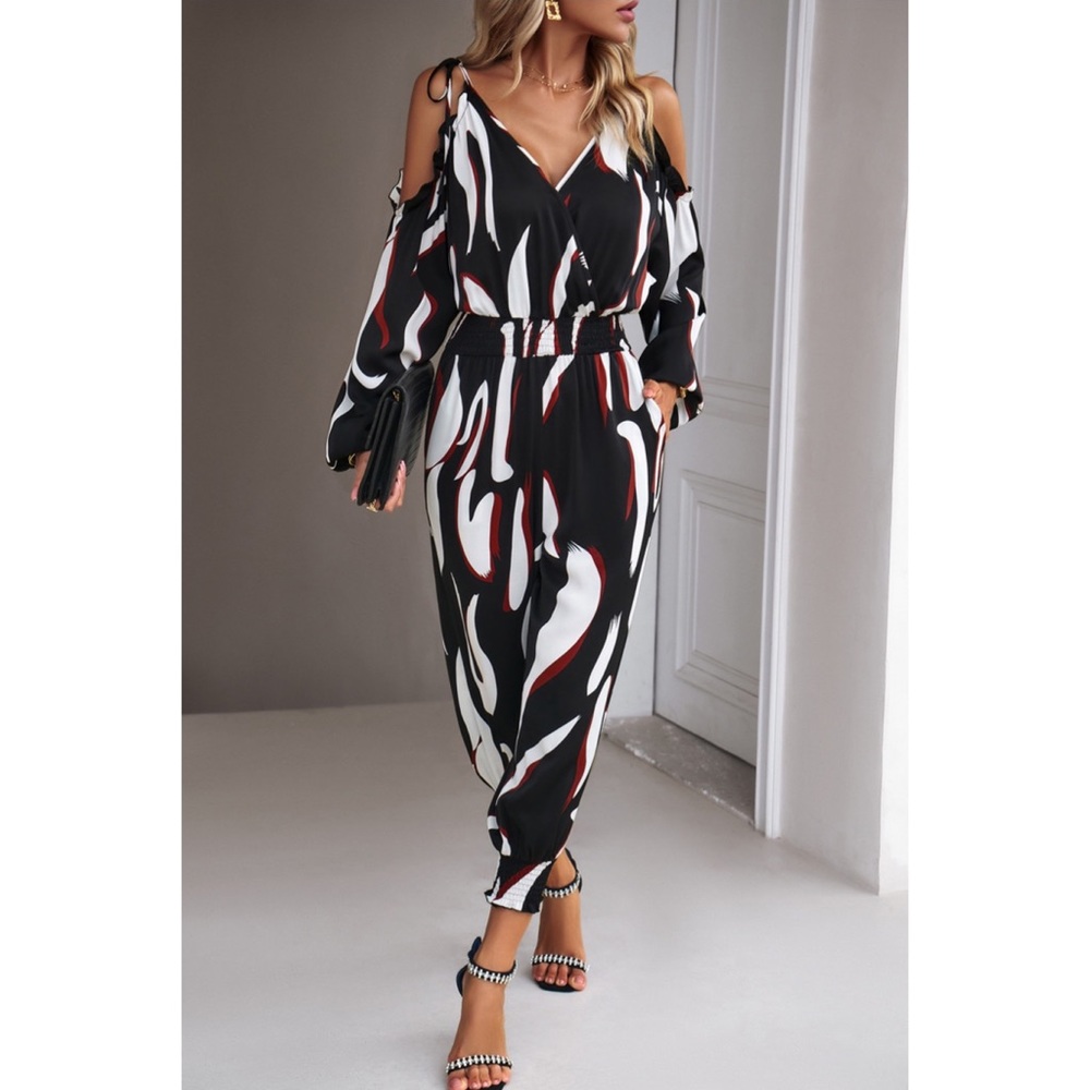 NWT Printed Cold-Shoulder Surplice Neck Jumpsuit